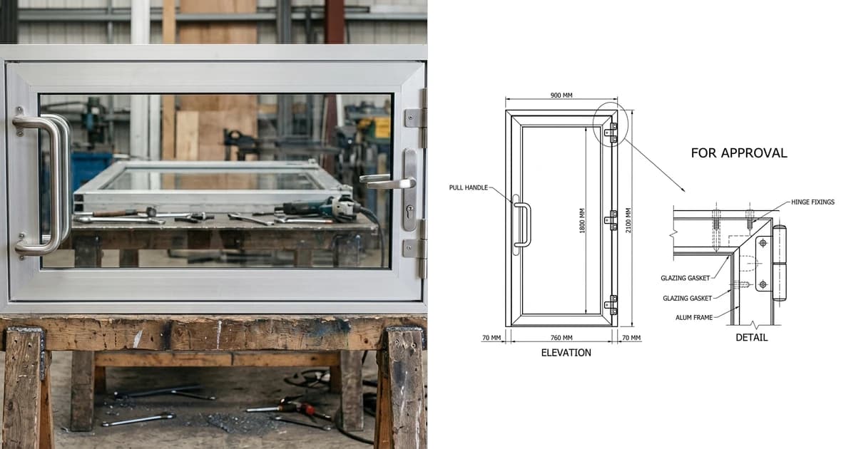 A photo of an aluminium glazed entrance door leaf on a workshop trestle on the left and the shop drawing produced from it on the right, showing an elevation, a plan and an enlarged hinge detail
