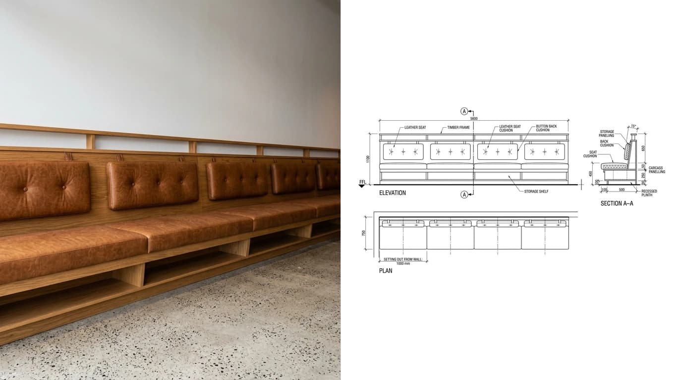 A photo of fixed restaurant banquette seating with upholstered benches and a timber back panel on the left and its joinery shop drawing on the right, showing elevation, plan and a section through the seat and back