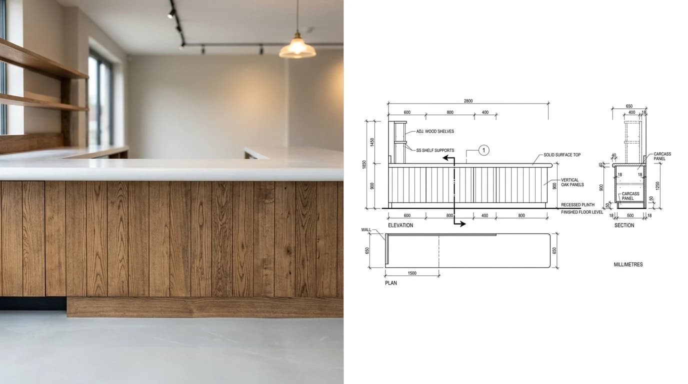 A photo of a cafe servery counter with a solid surface worktop over a stained ash body on the left and its joinery shop drawing on the right, showing elevation, plan and a section through the counter with millimetre dimensions