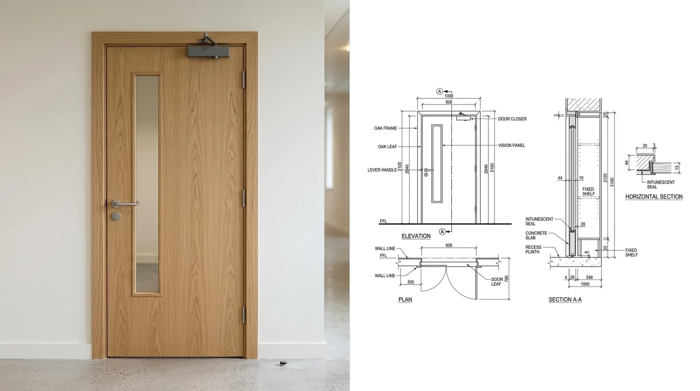 A photo of a timber fire doorset with an oak veneer leaf, vision panel and overhead closer on the left and its joinery shop drawing on the right, showing elevation, plan and a horizontal section through the frame and closing edge