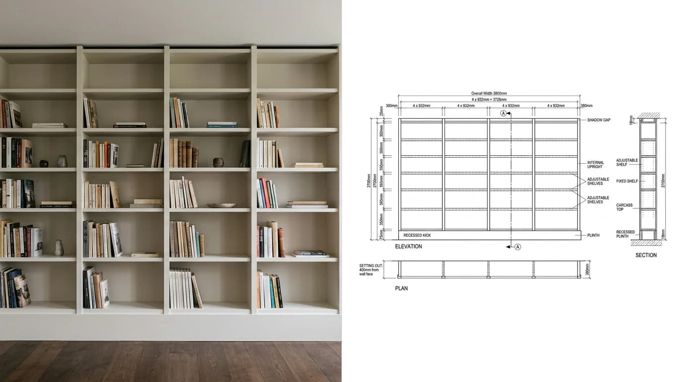 A photo of a floor to ceiling library shelving wall with a shadow gap at the ceiling on the left and its joinery shop drawing on the right, showing bay elevations, a plan and a vertical section through one bay
