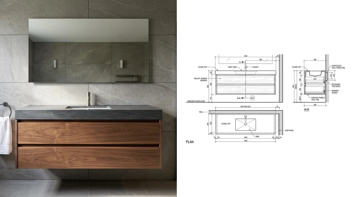 A photo of a wall hung washroom vanity unit with a stone top and walnut veneer drawer fronts on the left and its joinery shop drawing on the right, showing elevation, plan and a section with the concealed wall fixing
