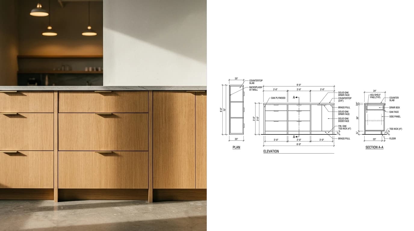 A photo of a run of white oak base cabinets with a stone countertop on the left and the millwork shop drawing on the right, with elevation, plan and a section cut through one cabinet bay