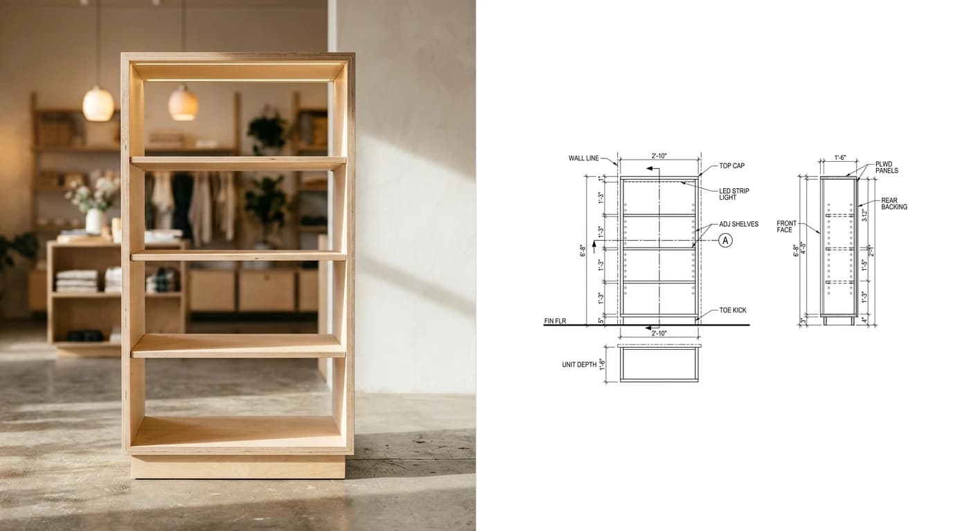 A photo of a birch plywood retail display fixture with adjustable shelves and an integrated light on the left and its shop drawing on the right, showing the shelf pin hole pattern dashed on the elevation and section