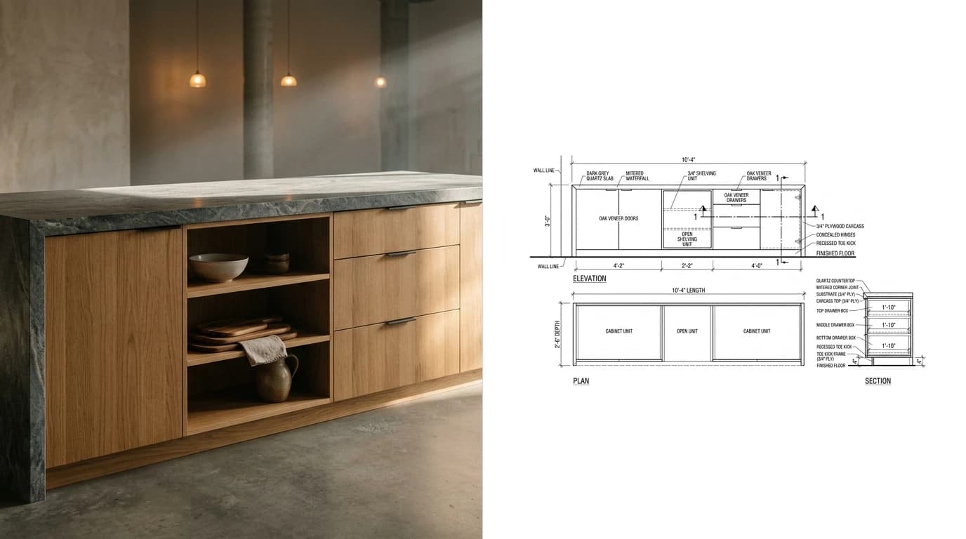 A photo of a millwork island with a stone waterfall countertop and open oak shelving on the left and its shop drawing on the right, showing the waterfall mitre detail in section