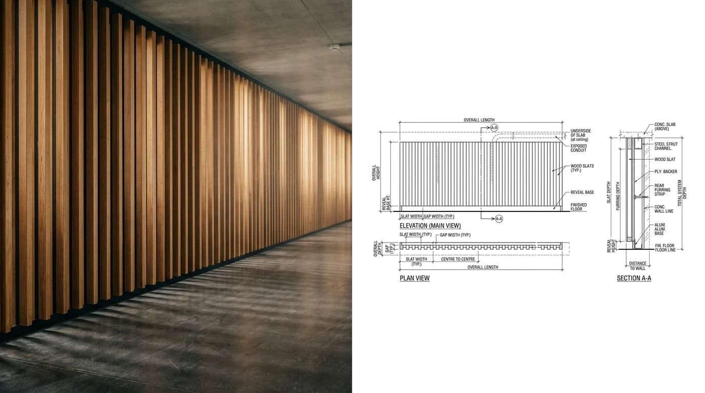 A photo of a slatted oak wall panelling system in a corridor on the left and its shop drawing on the right, with elevation and a horizontal section through the slats and backer panel
