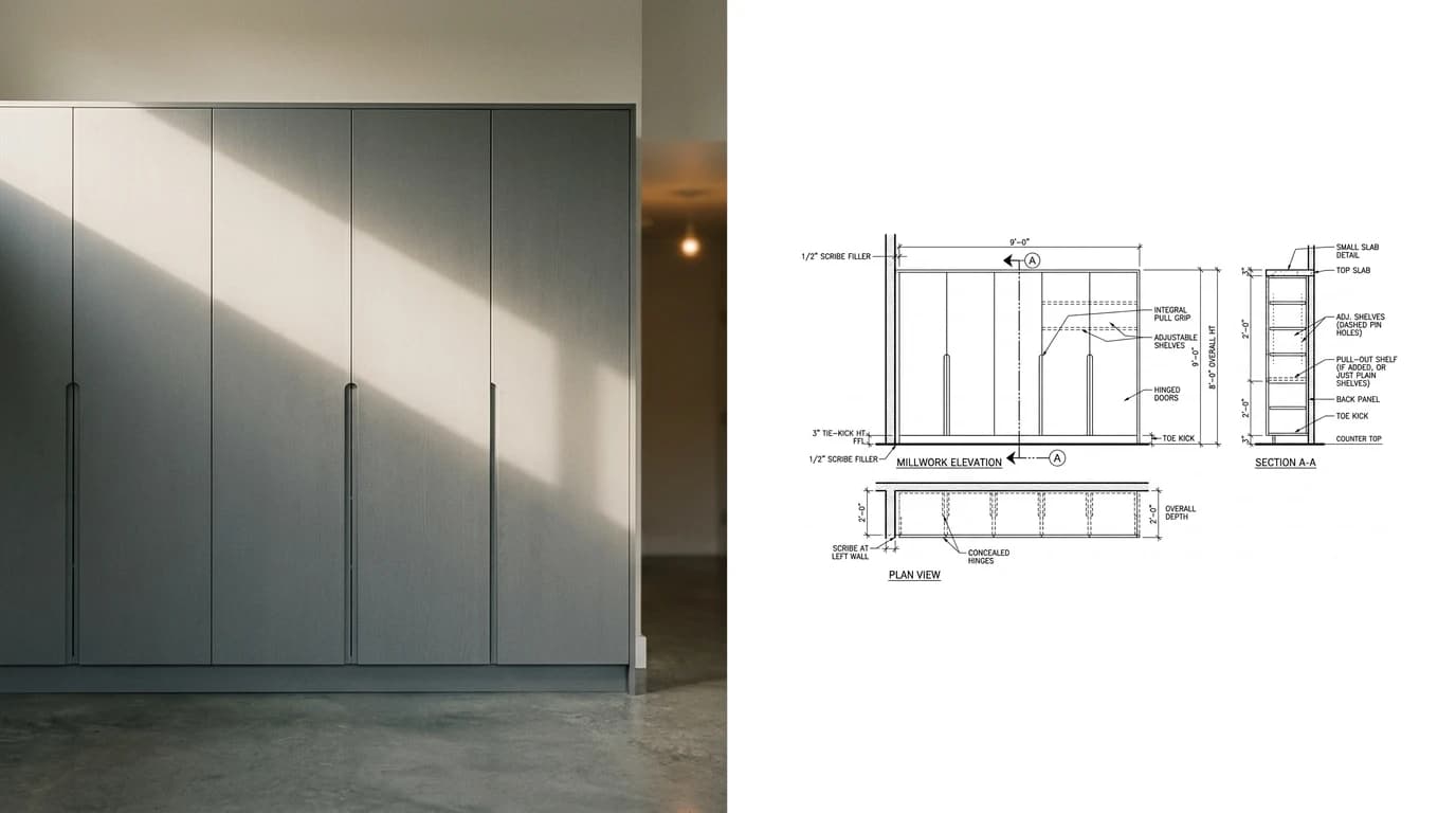 A photo of a full-height grey laminate storage cabinet with four hinged doors on the left and its shop drawing on the right, showing elevation, plan with concealed hinges dashed, and the scribe filler at the wall