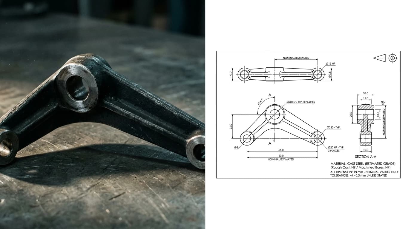 A photo of a cast steel bell crank lever with three bosses and a strengthening rib on the left and its dimensioned technical drawing on the right, with the angle between arms and the centre distances dimensioned