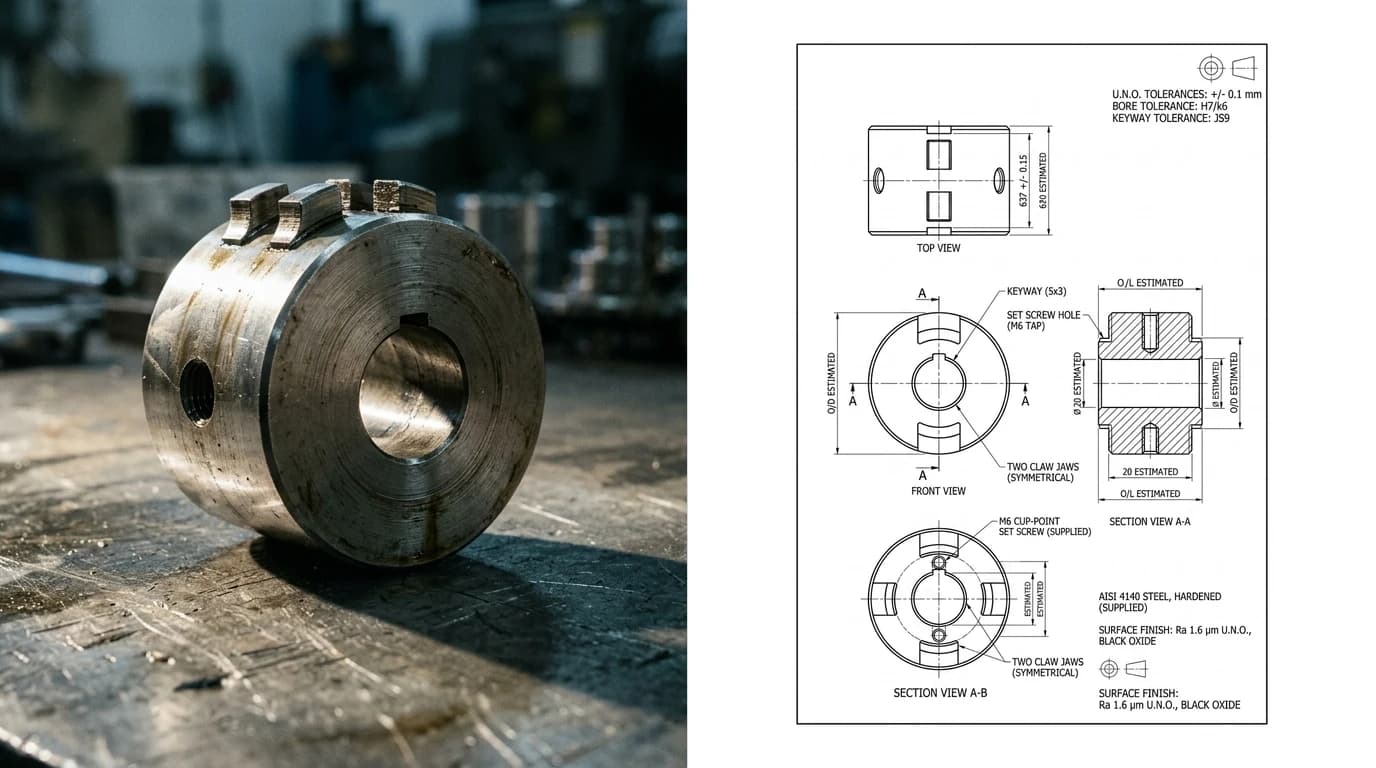 A photo of a machined steel jaw coupling hub with three drive jaws, a keyway and a set screw hole on the left and its dimensioned technical drawing with a section through the bore on the right