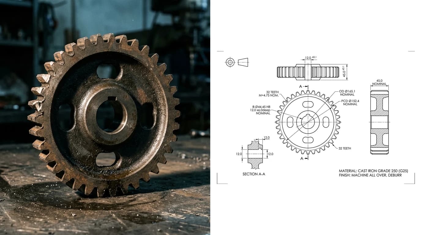 A photo of a worn cast iron spur gear with a chipped tooth on the left and the dimensioned technical drawing reconstructed from it on the right, with tooth count, outside diameter, bore and keyway dimensioned