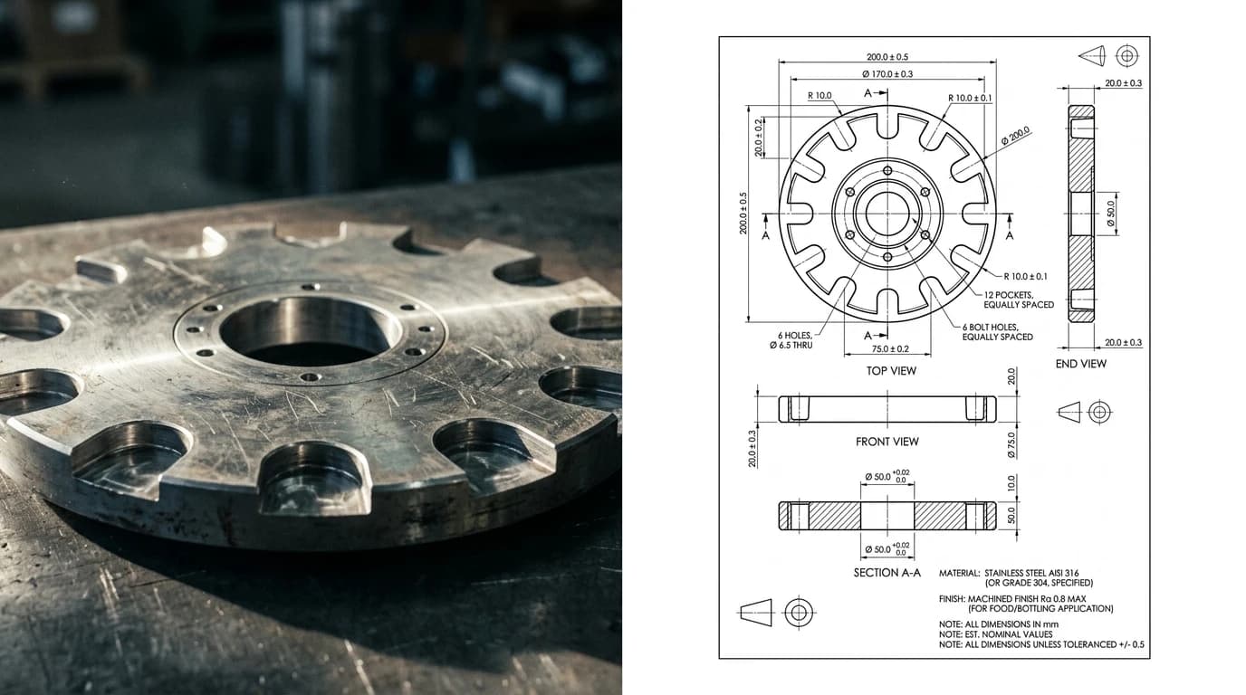 A photo of a scratched stainless steel star wheel from a bottling line on the left and its dimensioned technical drawing on the right, with pocket radius, pitch circle and bolt circle dimensioned