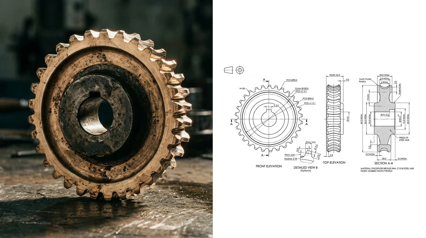 A photo of a bronze worm wheel with hobbed teeth and a pressed-in steel hub on the left and its dimensioned technical drawing on the right, with a section through the rim showing the concave tooth profile