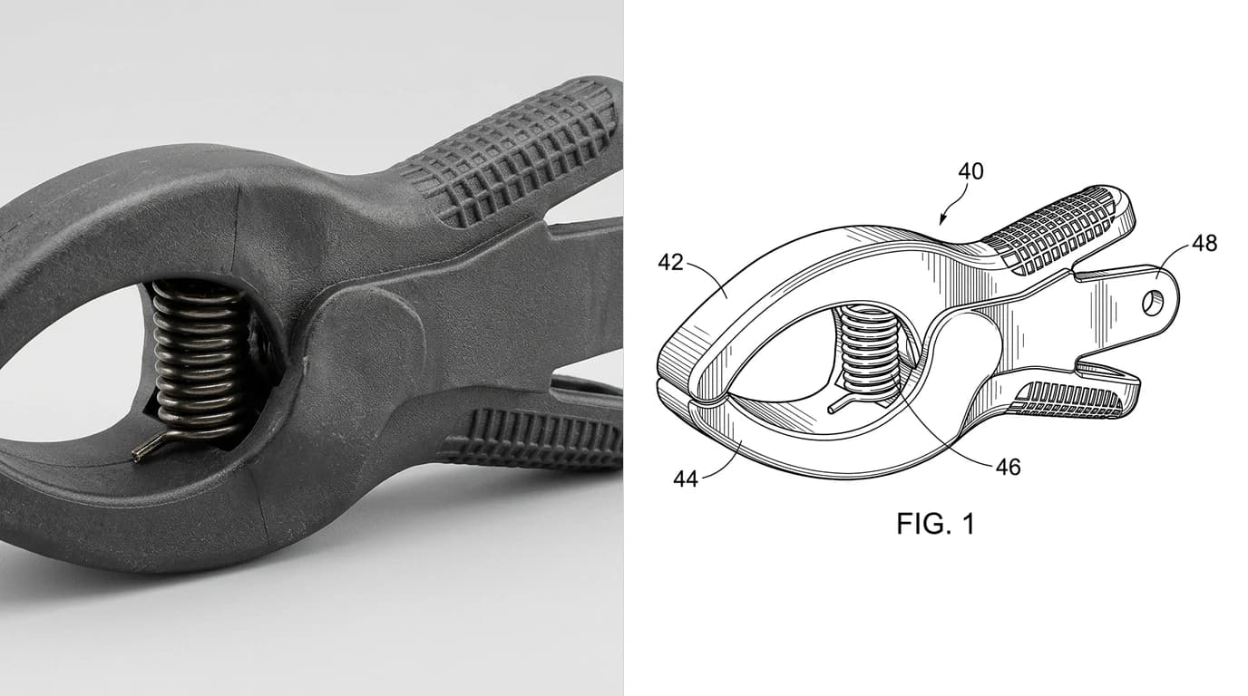 A photo of a spring loaded plastic cable clamp with a visible torsion spring at its pivot on the left, and its patent figure on the right labelled FIG. 1 with bare numerals 40, 42, 44, 46 and 48