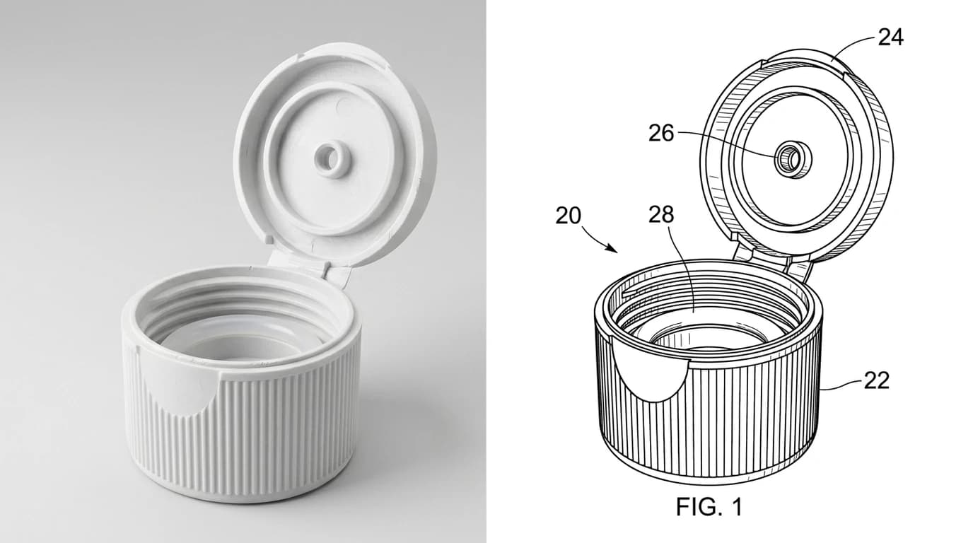 A photo of a white plastic child resistant bottle closure with its flip lid open on the left, and the patent figure drawn from it on the right, labelled FIG. 1 with bare reference numerals 20, 22, 24, 26 and 28 on lead lines and parallel line shading on the ribbed skirt
