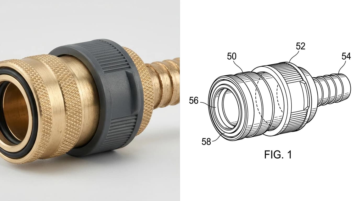 A photo of a brass and grey garden hose quick connect coupling on the left, and its patent figure on the right labelled FIG. 1 with bare numerals 50, 52, 54, 56 and 58, the knurled body shaded with spaced parallel lines