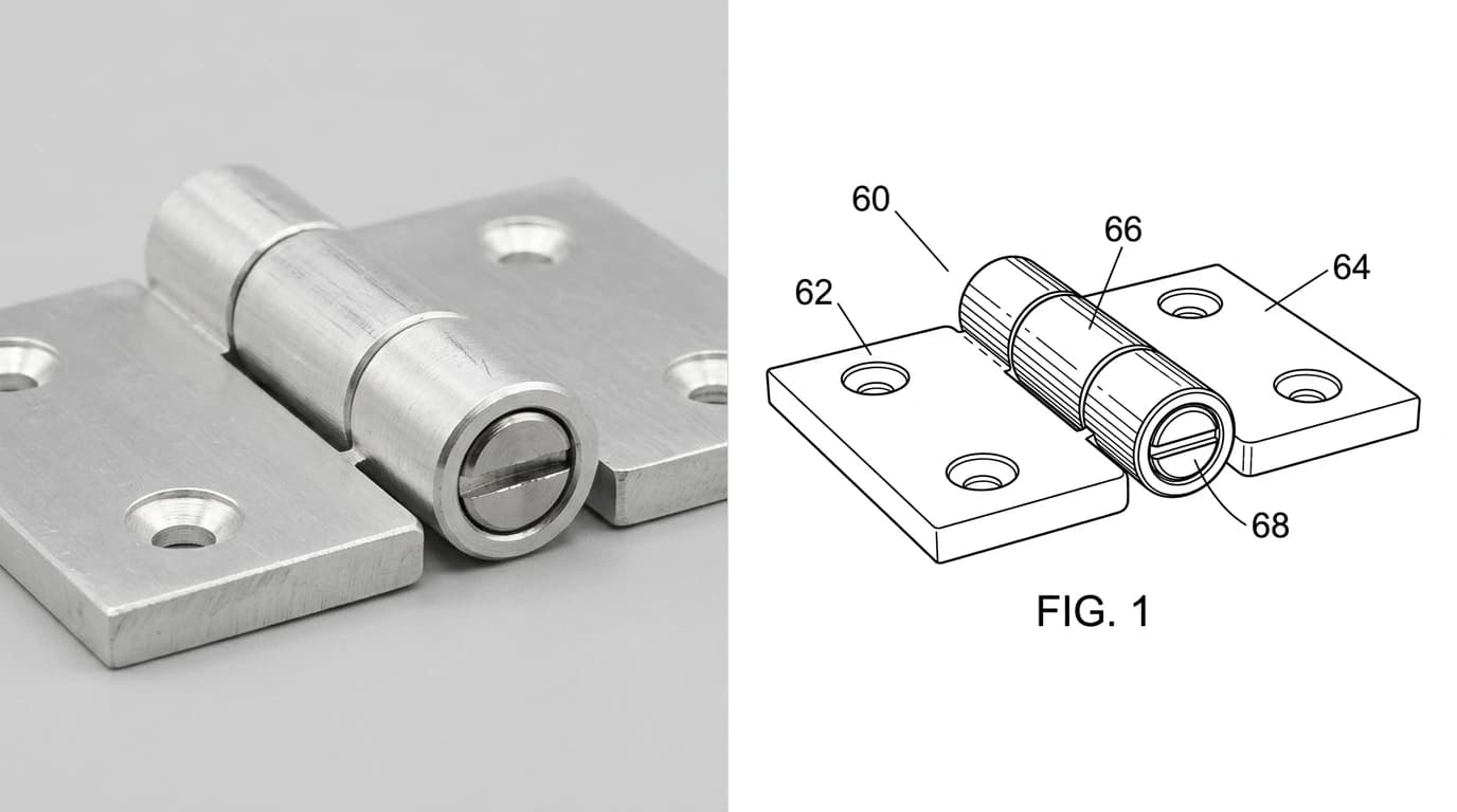 A photo of an adjustable aluminium friction hinge with two mounting leaves and a barrel knuckle on the left, and its patent figure on the right labelled FIG. 1 with bare numerals 60, 62, 64, 66 and 68 on lead lines