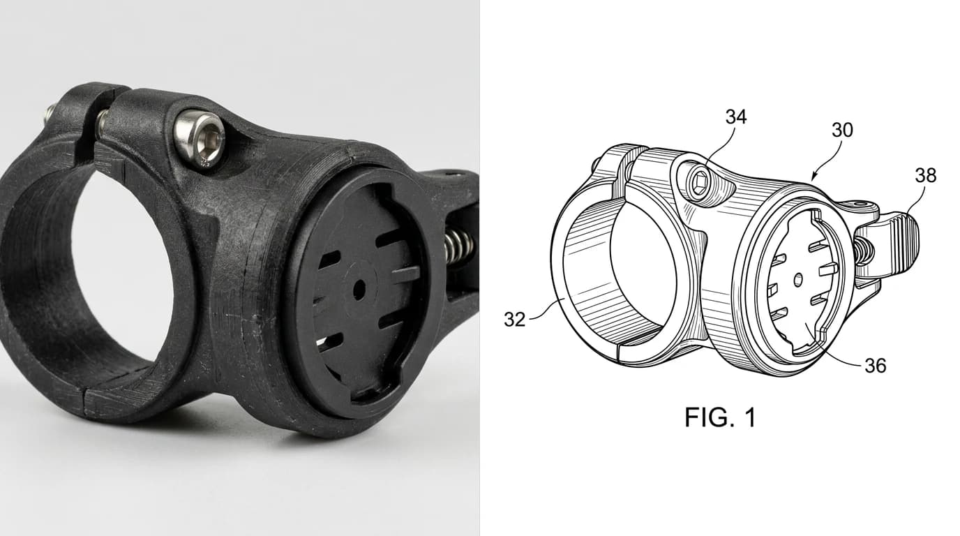 A photo of a black bicycle handlebar accessory mount with a split clamp ring on the left, and its patent figure on the right labelled FIG. 1 with bare numerals 30, 32, 34, 36 and 38, each on its own lead line to a different feature
