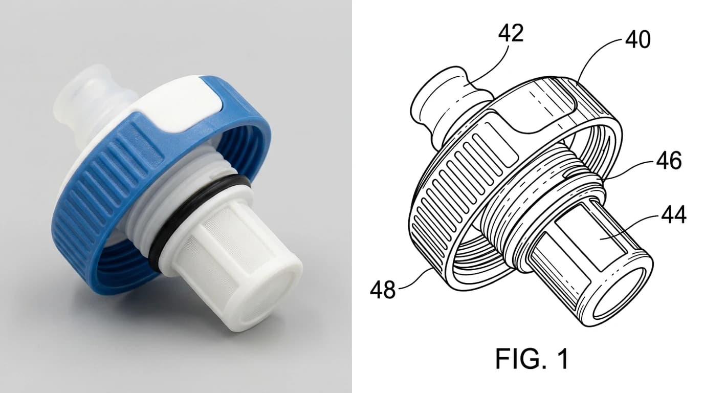 A photo of a sports bottle cap with a screw in filter cartridge on the left, and on the right the patent figure drawn from it, showing the cap body, the cartridge, the mouthpiece and the seal identified by bare numerals on lead lines