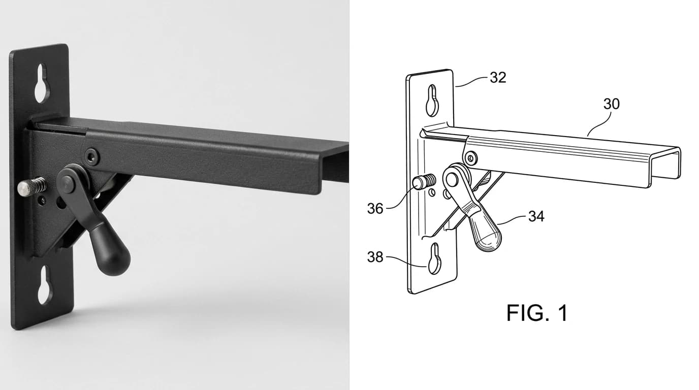 A photo of a tool free shelf bracket with a cam lock lever on the left, and on the right the patent figure drawn from it in clean black line work, with numbered lead lines to the arm, the wall plate, the cam lever and the locking pin