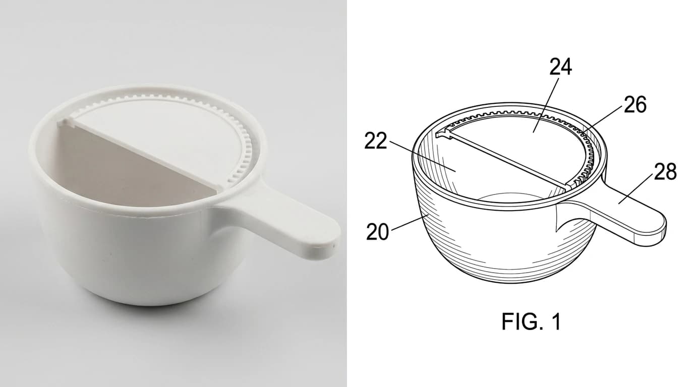 A photo of an adjustable measuring scoop with a sliding leveller gate on the left, and on the right the patent style line figure drawn from it, showing the same scoop as clean black line work with bare reference numerals on lead lines and the caption FIG. 1