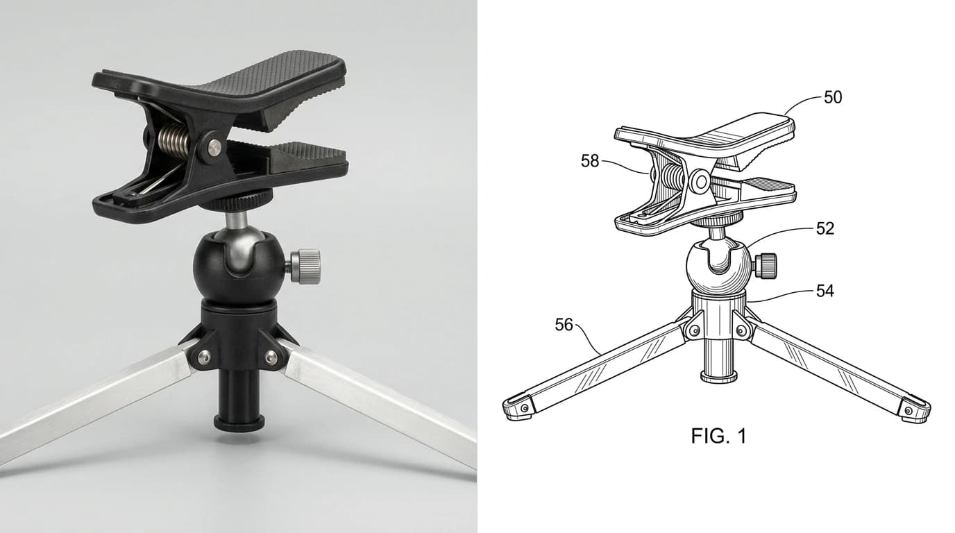 A photo of a folding phone tripod with spring loaded jaws on the left, and on the right the patent figure drawn from it, showing the jaws, the ball joint, the folding legs and the tension spring numbered on lead lines