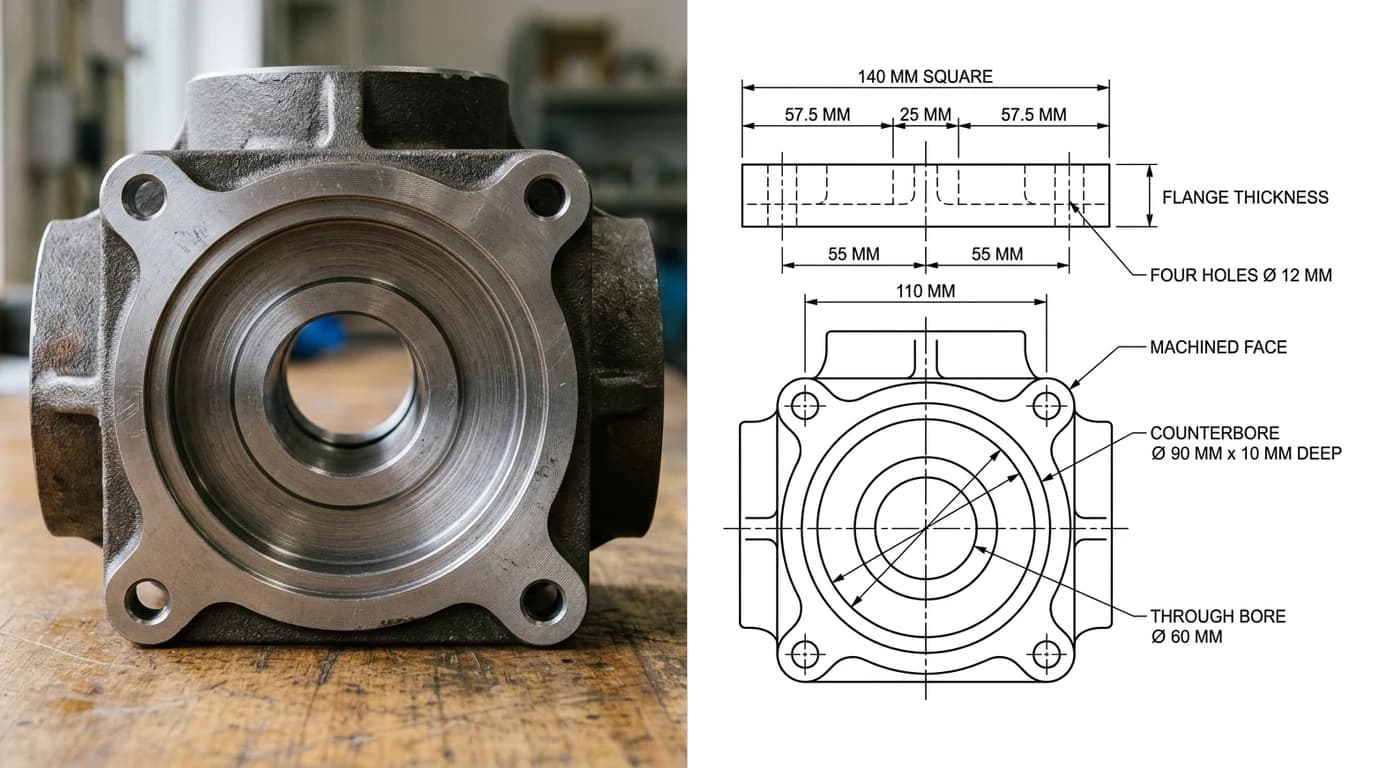 A photo of a machined cast iron bearing housing with a square flange and a central counterbore on a workbench on the left, and on the right the dimensioned orthographic drawing produced from it showing the flange face and an edge view