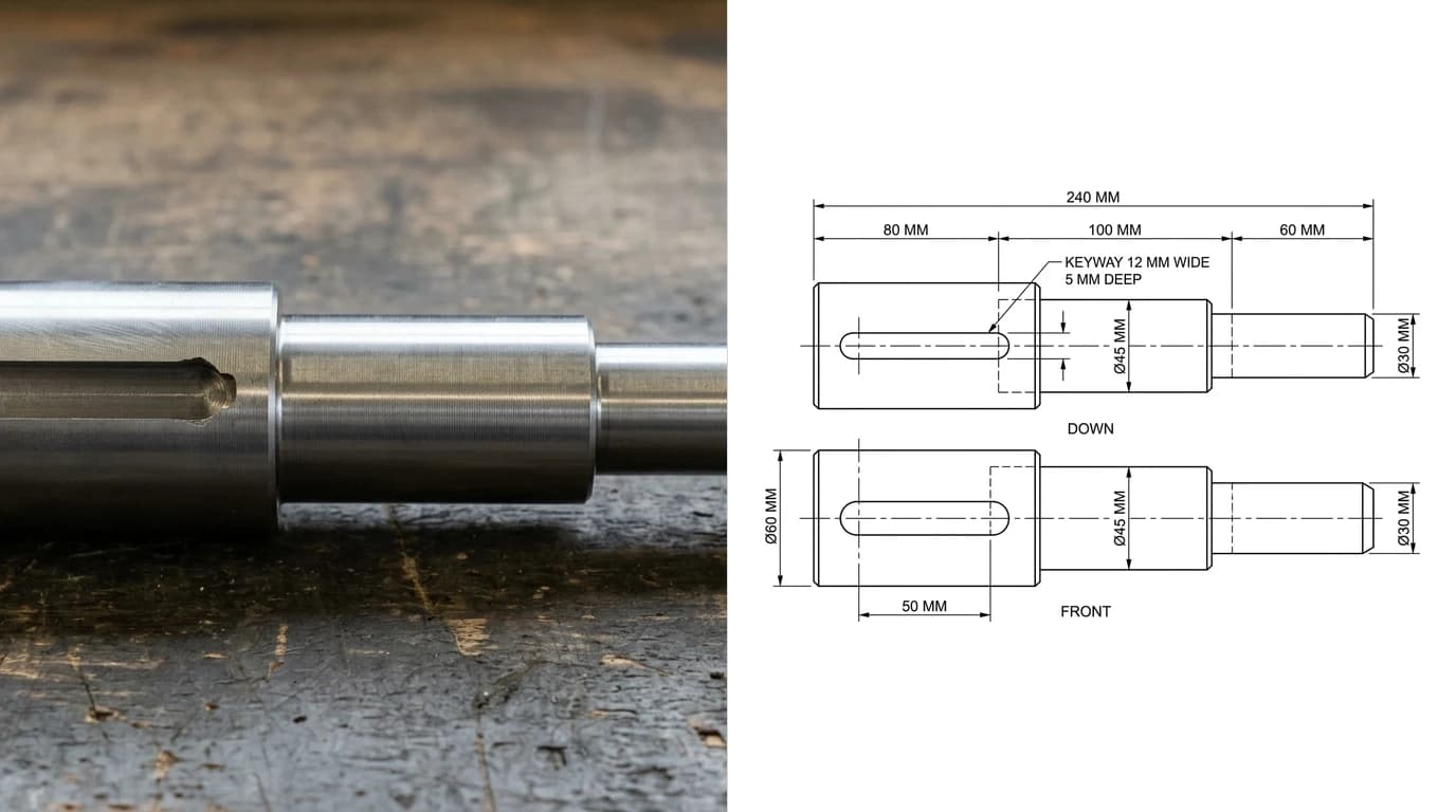 A photo of a turned stepped steel shaft with a keyway on a workbench on the left, and on the right the dimensioned orthographic drawing produced from it, with the view looking down placed above the front view