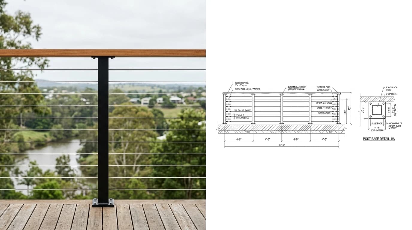 A photo of a cable railing on a balcony with a timber top cap rail and closely spaced horizontal stainless cables on the left and its shop drawing on the right, showing the elevation with cable spacing, post spacing and a post base detail with four anchors