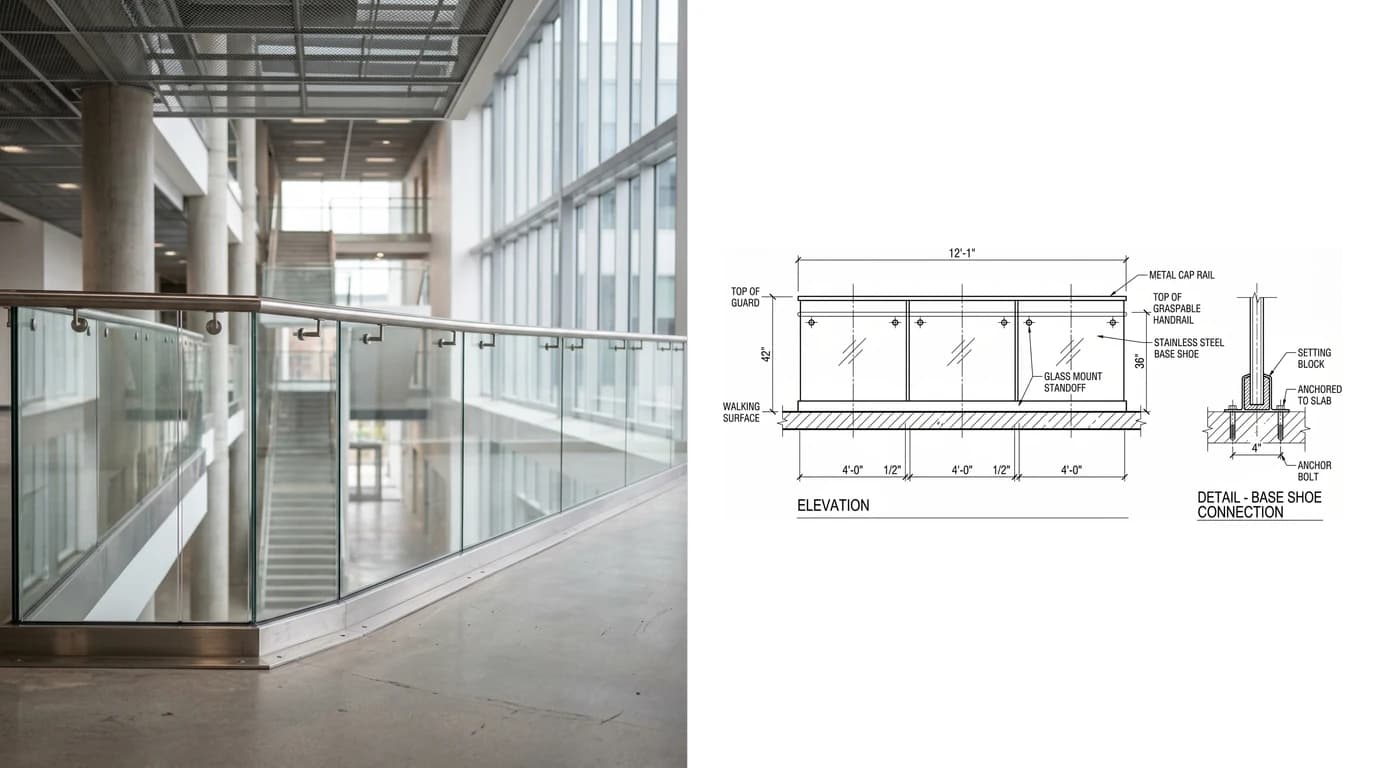 A photo of a frameless laminated glass guard with a metal cap rail at an interior landing edge on the left and its shop drawing on the right, showing the panel elevation with panel widths and gaps, the guard and handrail heights and a section through the base shoe