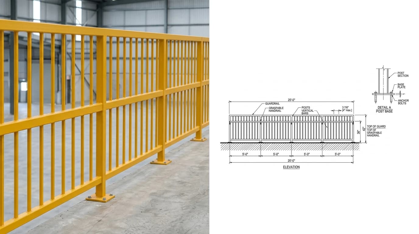 A photo of a yellow painted steel guardrail with vertical bar infill along a warehouse mezzanine edge on the left and its railing shop drawing on the right, showing the elevation with a 42 inch guard height, a 36 inch handrail height, a post spacing chain and a clear opening dimension