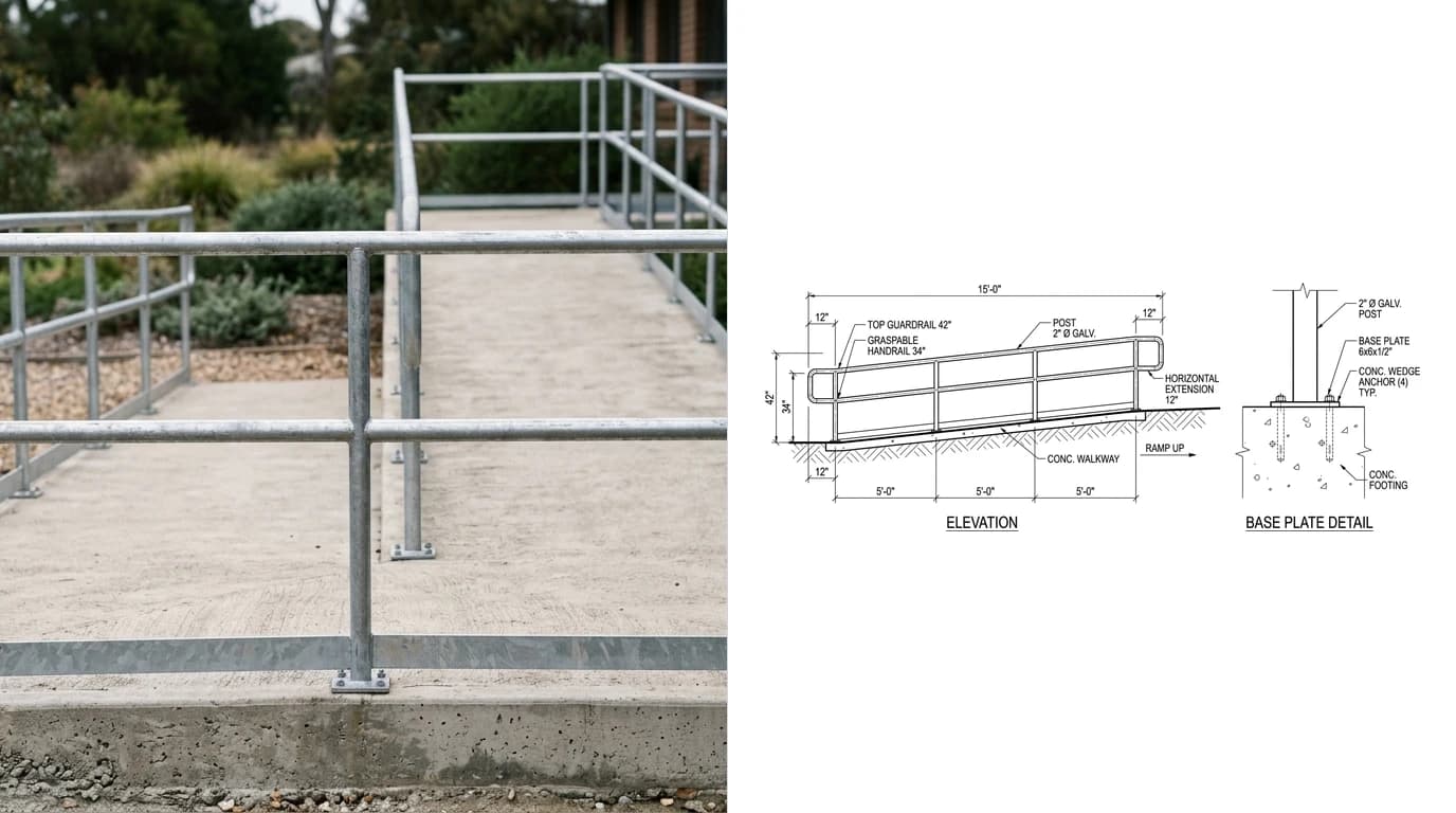 A photo of a galvanized steel handrail alongside an exterior concrete access ramp with the rail continuing horizontally past the slope on the left and its shop drawing on the right, showing the ramp elevation with the sloped rail, twelve inch horizontal extensions at both ends and a base plate detail