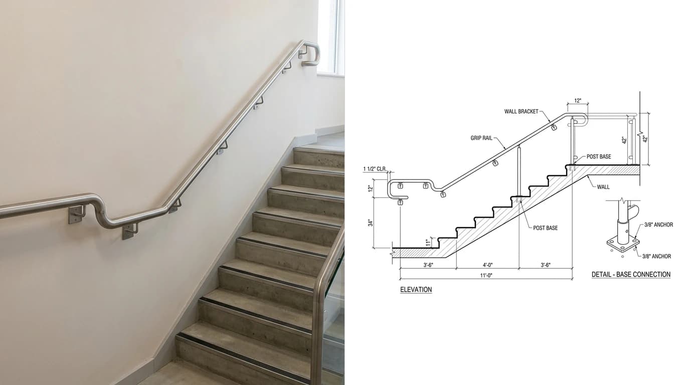 A photo of a brushed stainless steel round handrail on wall brackets running up a straight commercial stair with a returned end on the left and its shop drawing on the right, showing the stair elevation with the handrail height from the nosing line, the top and bottom extensions and a bracket detail