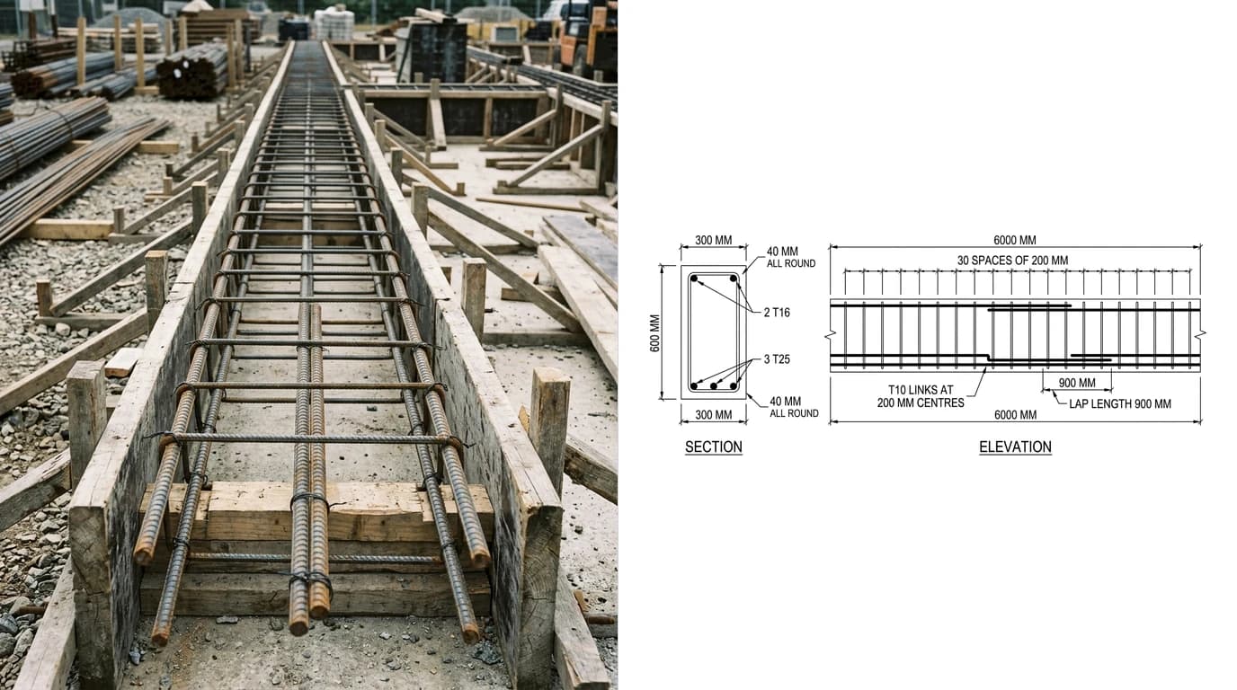 A photo of a steel reinforcement cage for a concrete beam sitting in timber formwork on the left, and on the right the placing drawing produced from it showing a section through the beam with main bars and links, and an elevation with the link spacing