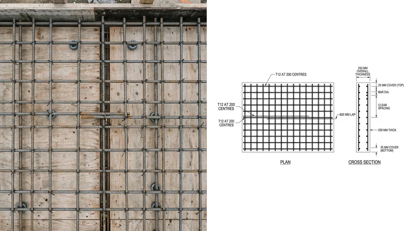 A photo of a steel reinforcement mat laid across a suspended concrete slab deck with plastic chairs lifting the top layer on the left, and on the right the placing drawing produced from it showing a plan with bar spacings and a section through the slab