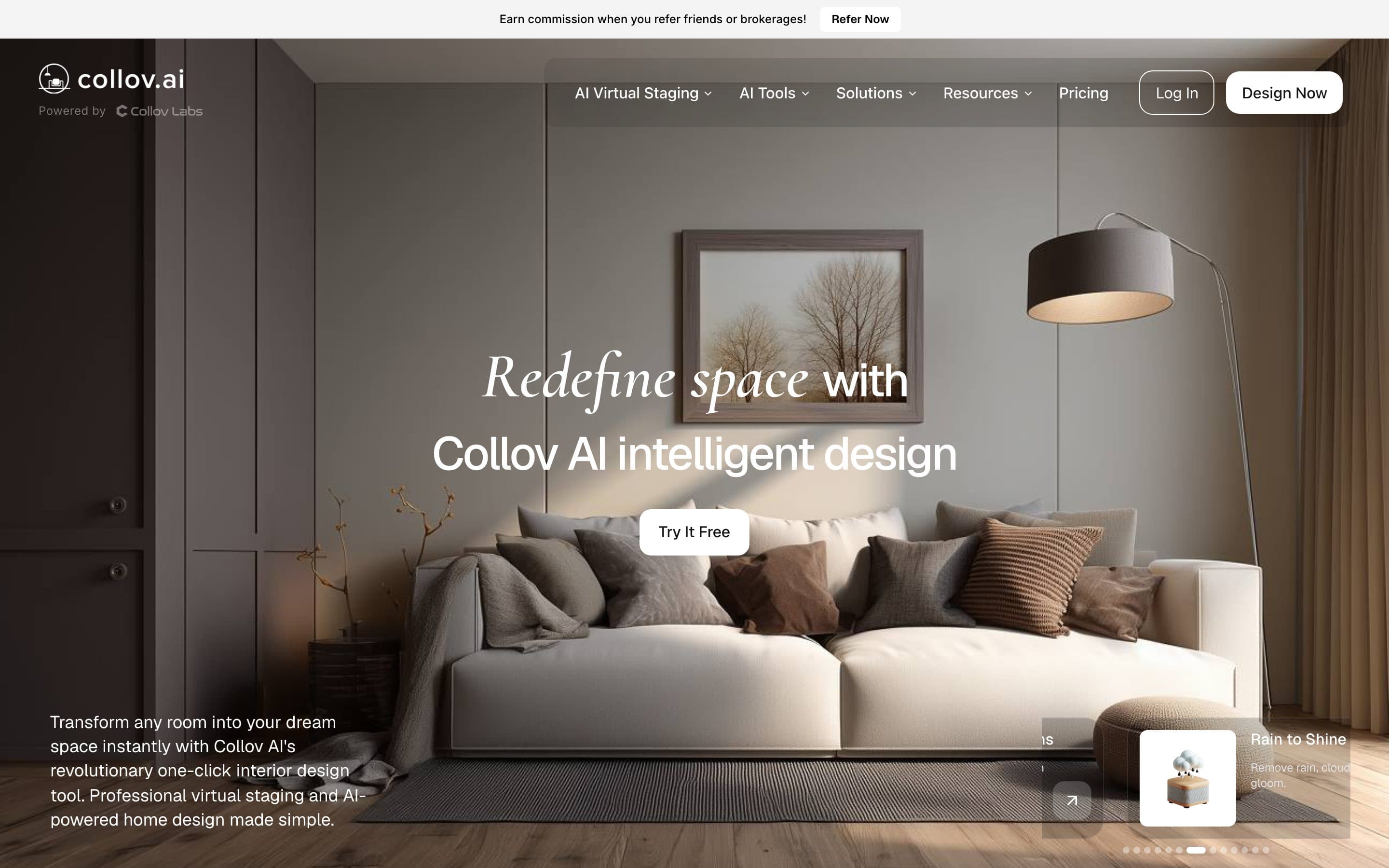 Collov AI landing page for AI interior design and 3D rendering