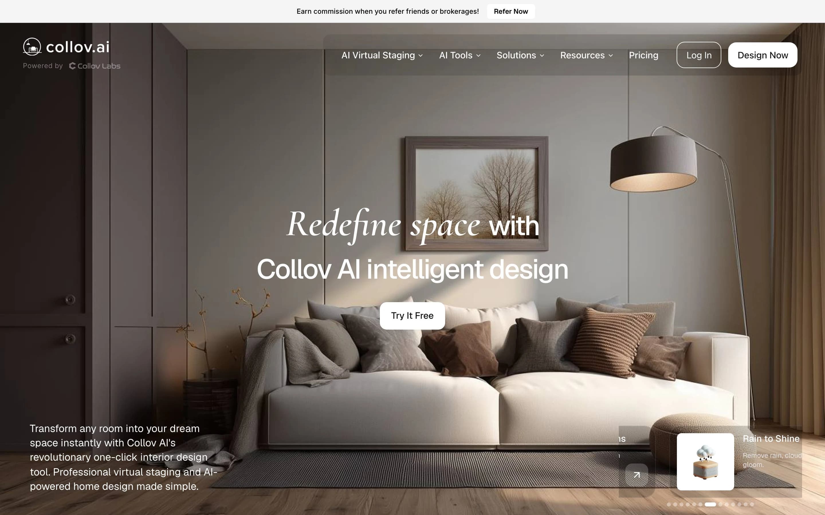 Collov AI landing page for AI interior design and 3D rendering
