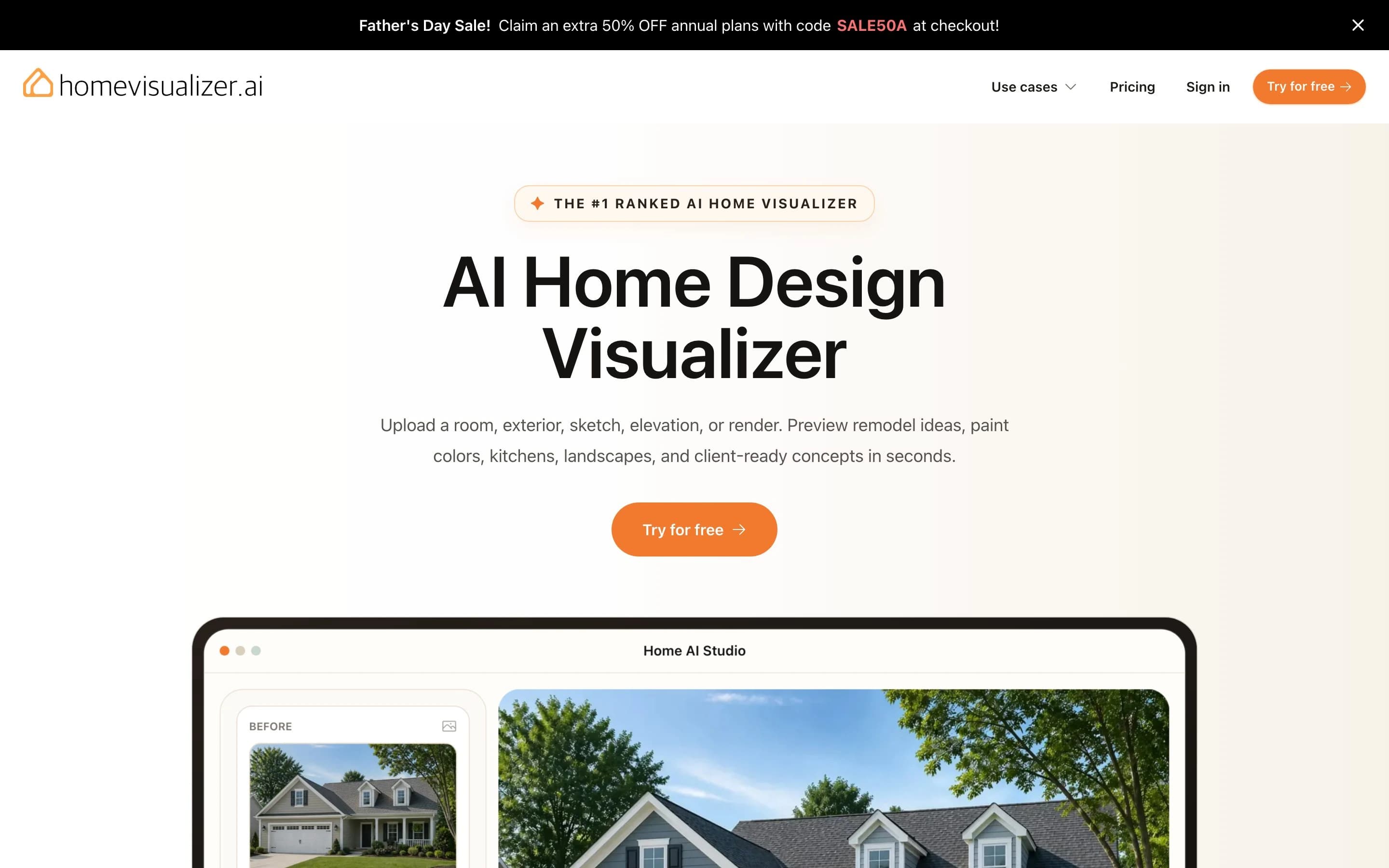 HomeVisualizer AI landing page for AI interior design from a photo