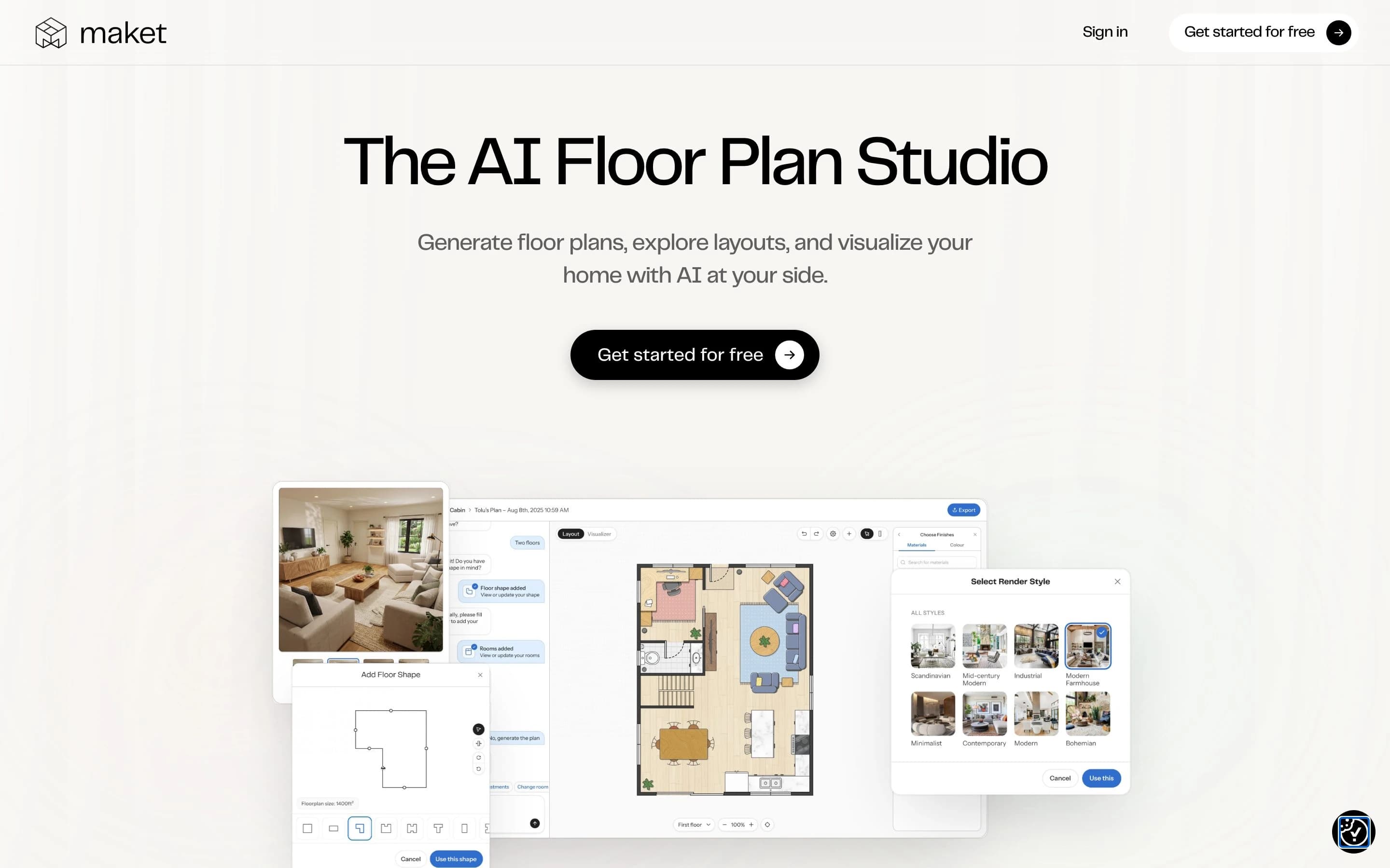 Maket landing page: The AI Floor Plan Studio, generate floor plans and visualize your home
