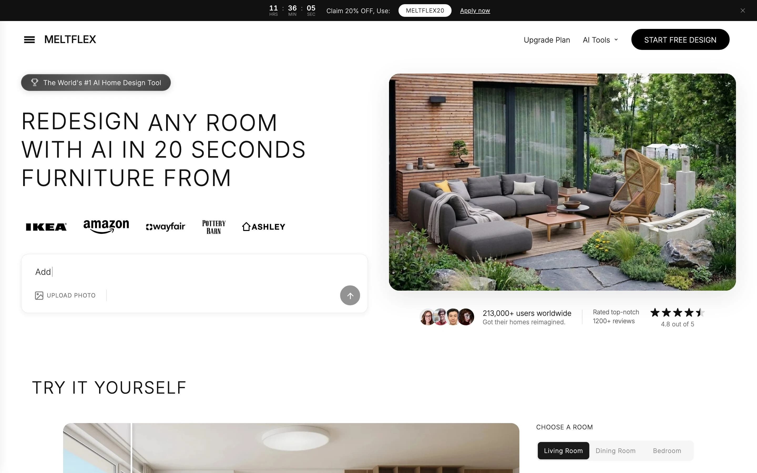 MeltFlex AI landing page: redesign any room with AI in 20 seconds, with furniture from IKEA, Amazon and Wayfair