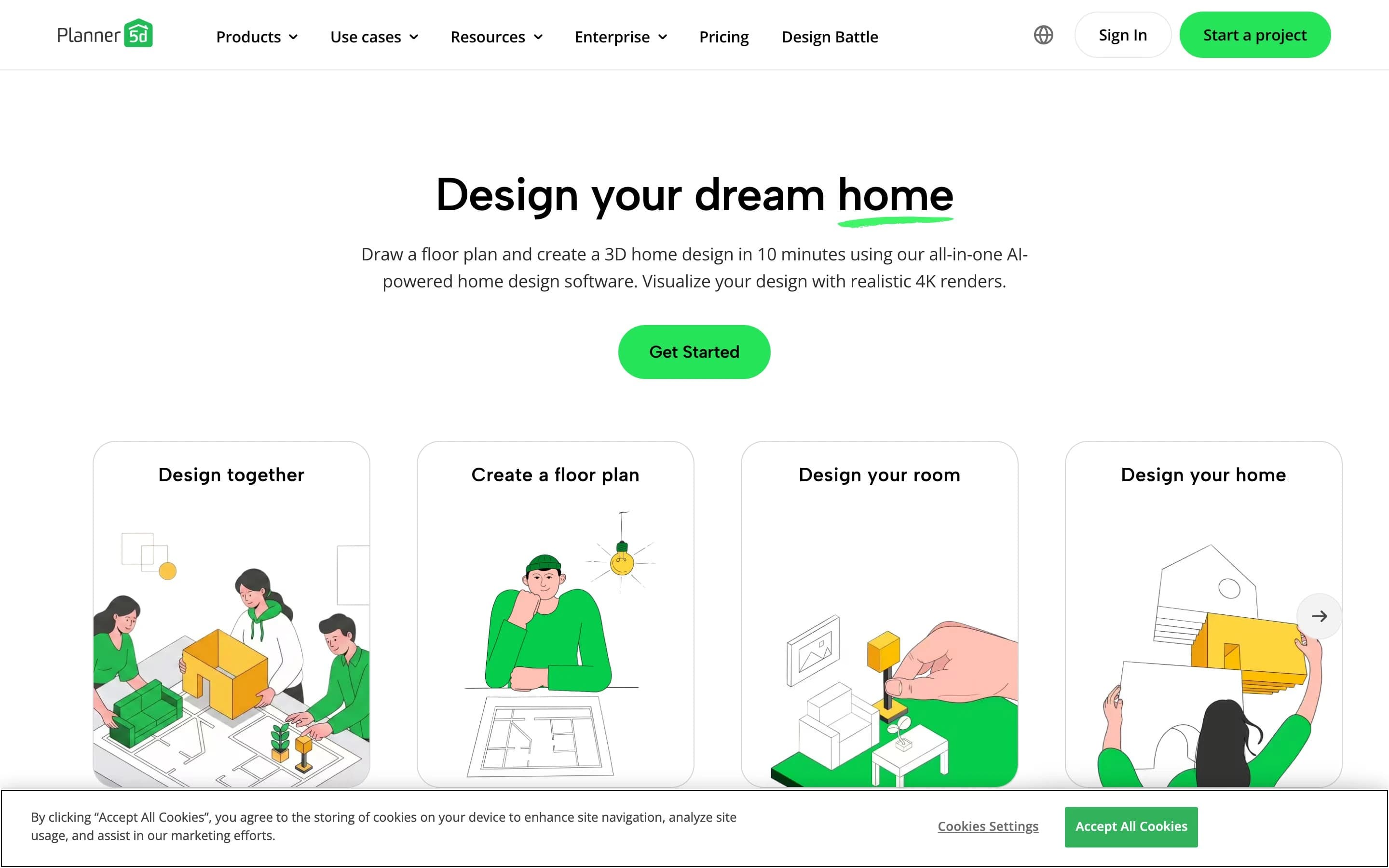 Planner 5D landing page: home design software with 2D floor plans and 3D rendering