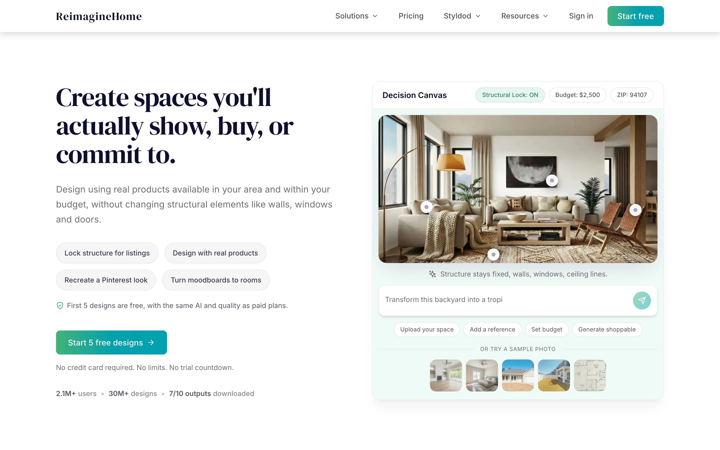REimagine Home AI landing page for interior design and virtual staging