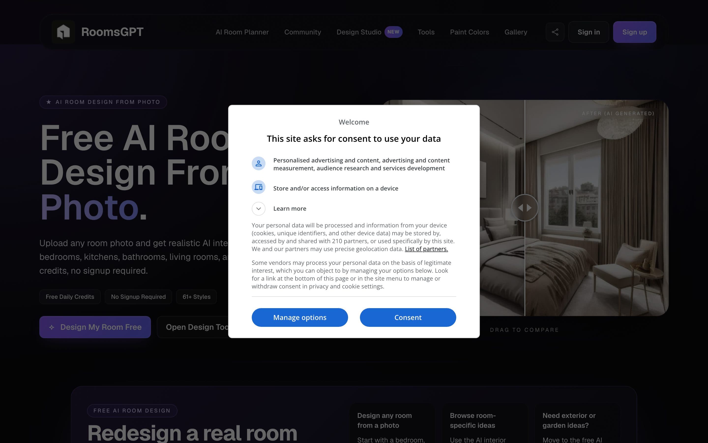 RoomsGPT landing page for AI room and home redesign
