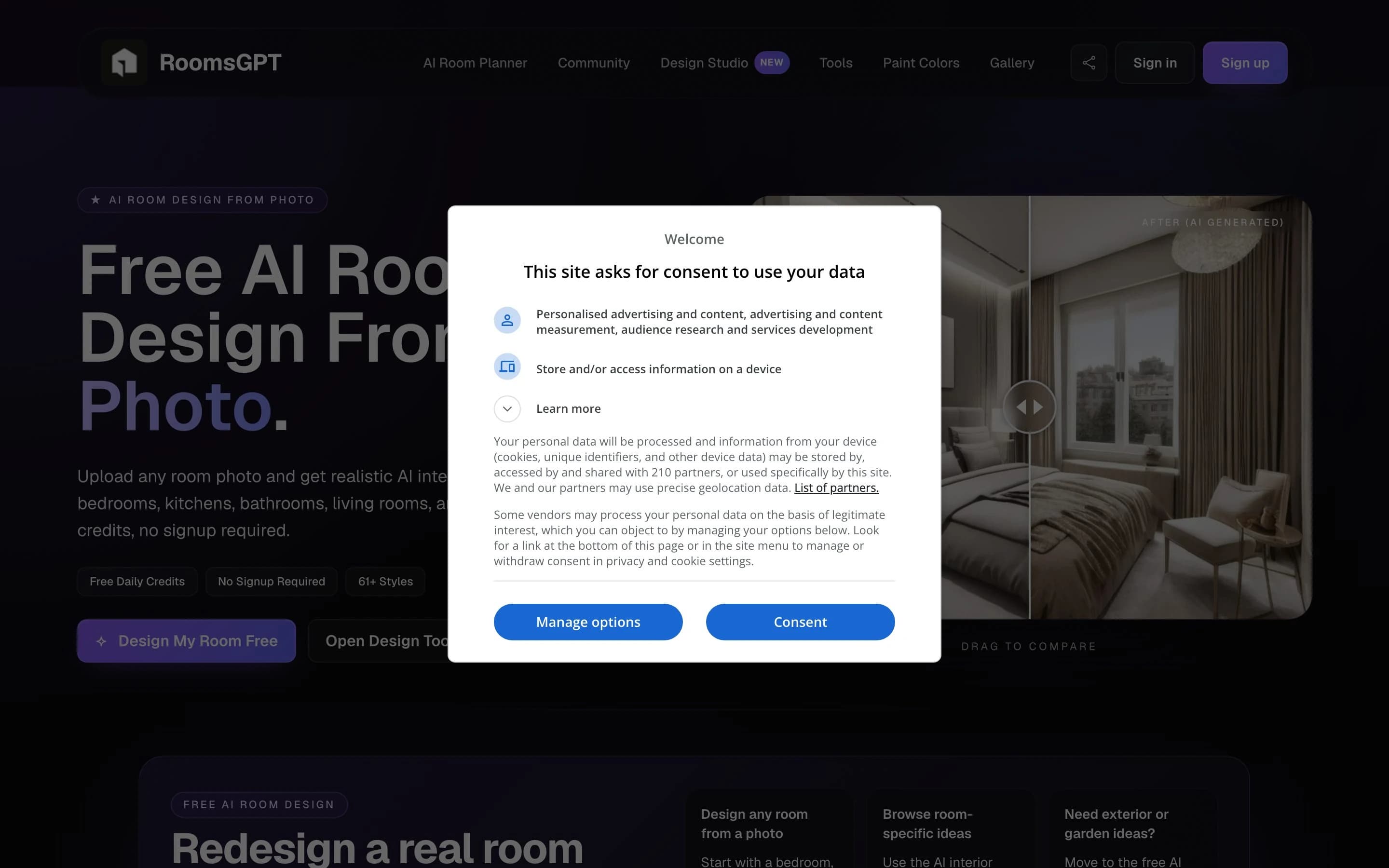 RoomsGPT landing page for AI room and home redesign