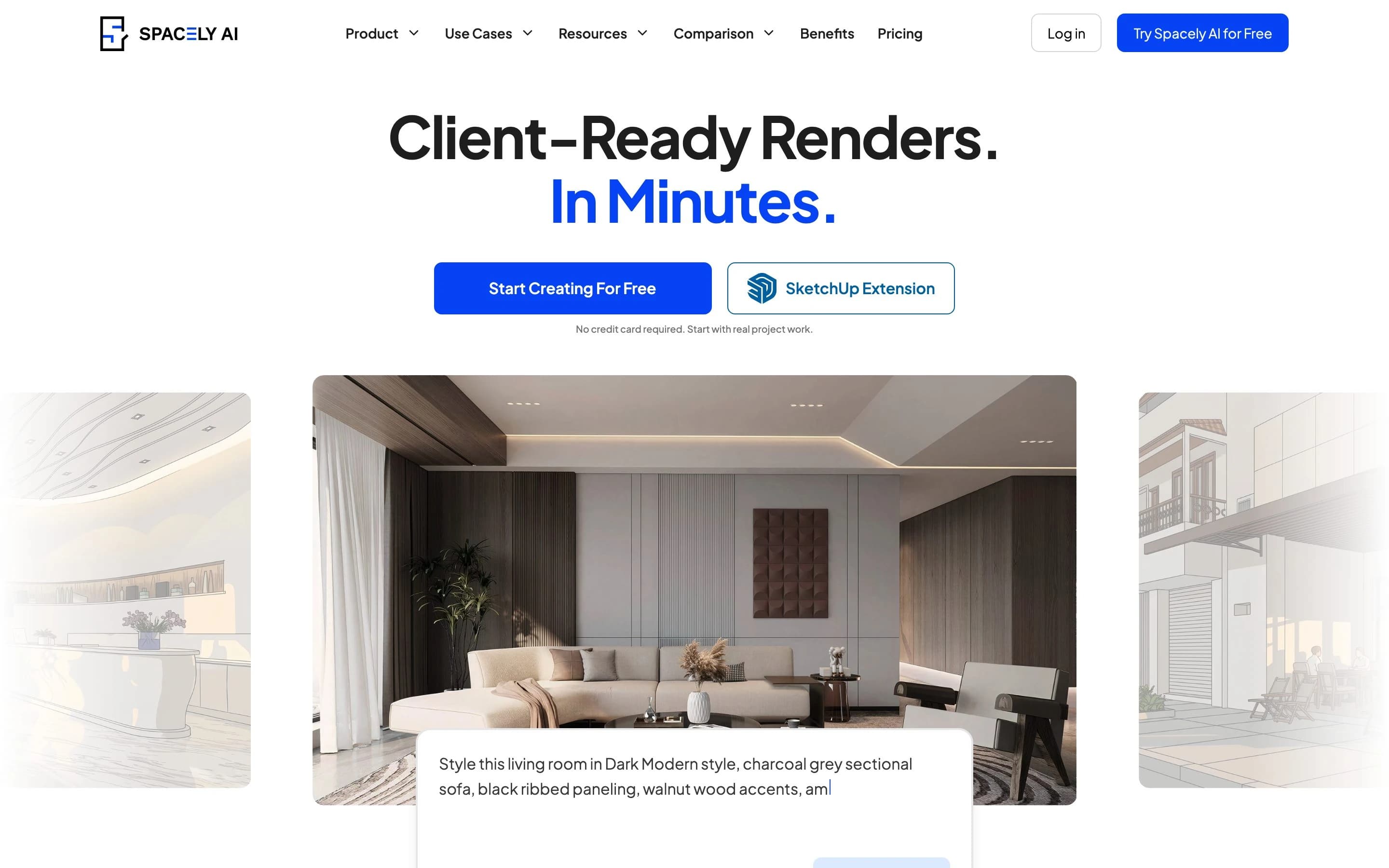 Spacely AI landing page: client-ready renders in minutes, with a SketchUp extension