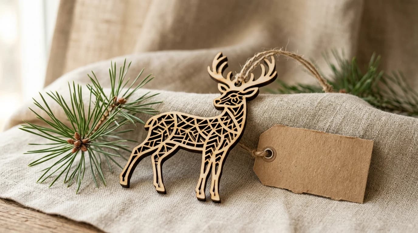 A finished laser-cut birch plywood deer ornament on a linen surface next to a small blank kraft hang tag and a sprig of pine