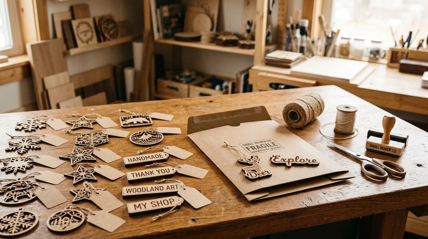 A maker's packing bench with finished laser-cut wooden ornaments and signs, each with a small kraft price tag, next to a shipping mailer and twine