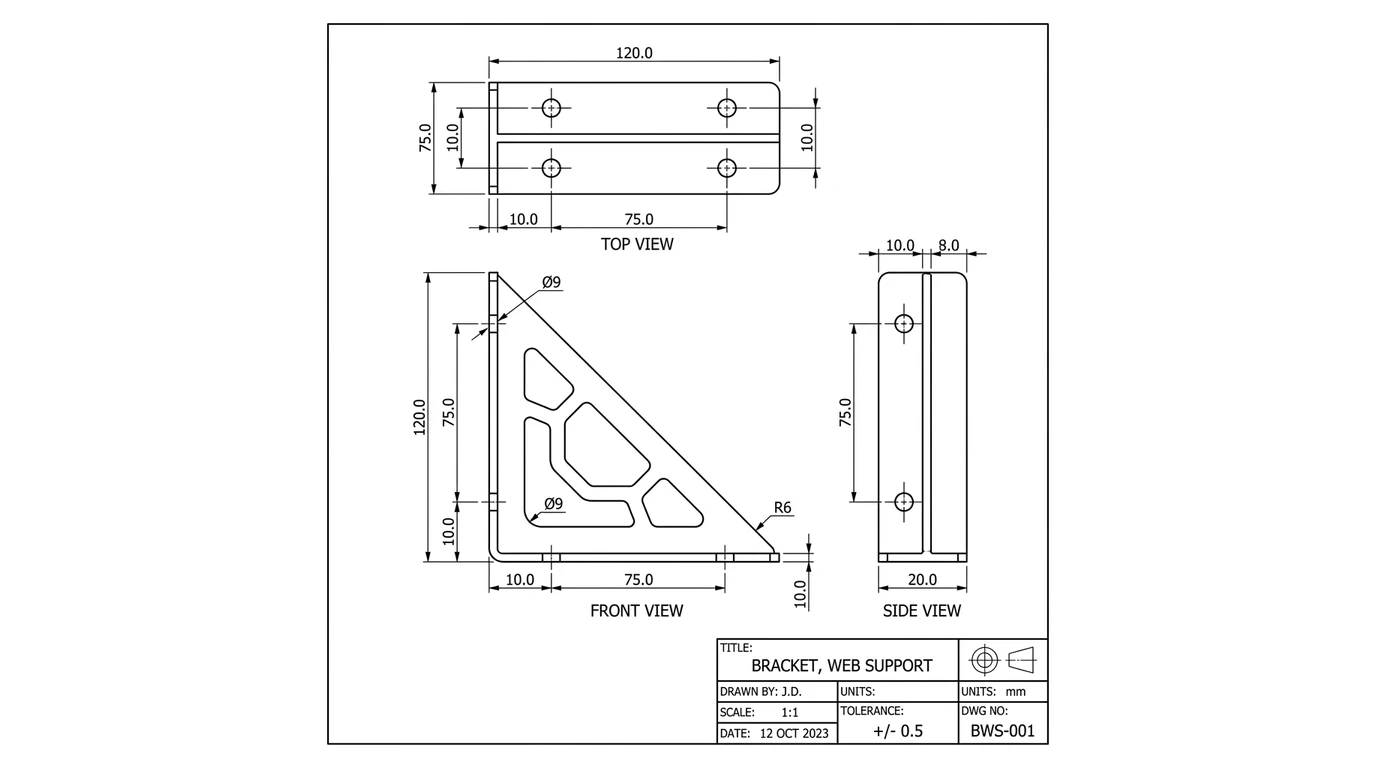 A clean 2D technical drawing of a laser-cut steel shelf bracket with orthographic views, dimensions and a title block
