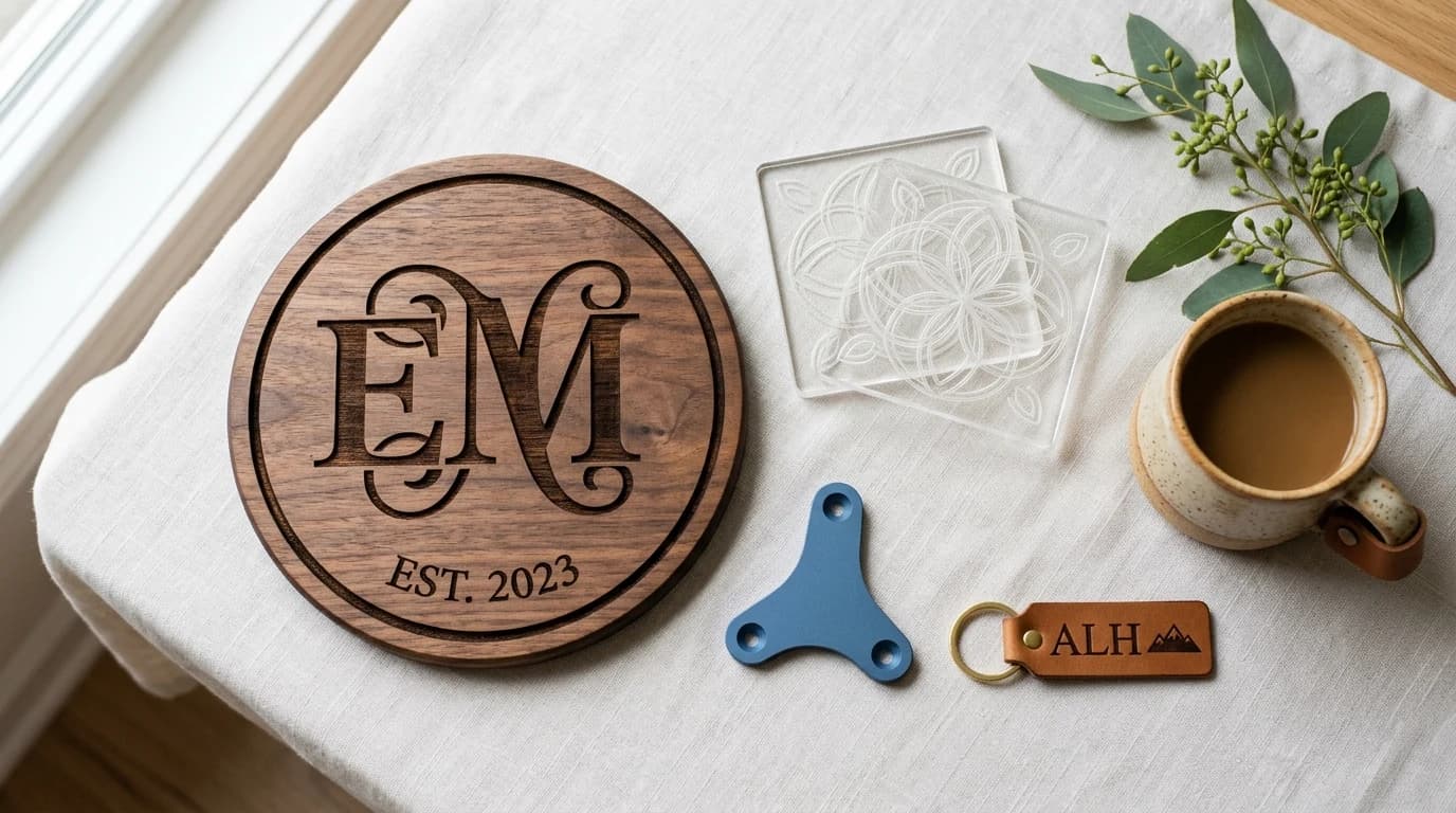 A flat-lay of finished sellable laser-cut and CNC products: a wooden monogram sign, engraved acrylic coasters, a metal bracket and a leather keychain