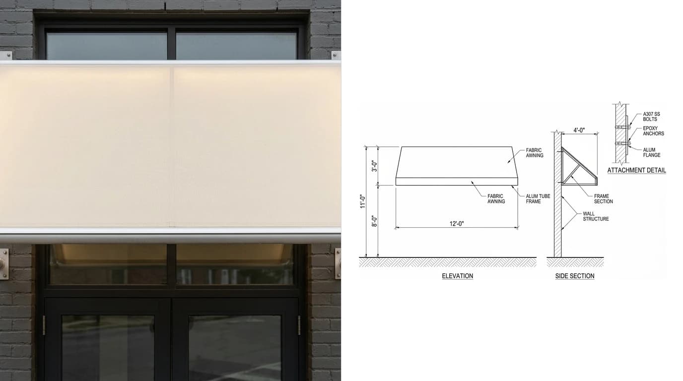 A photo of a backlit fabric awning over a shop entrance stretched on an aluminium tube frame on the left and its sign shop drawing on the right, showing the front elevation with clearance above the sidewalk and a section through the frame and wall anchors