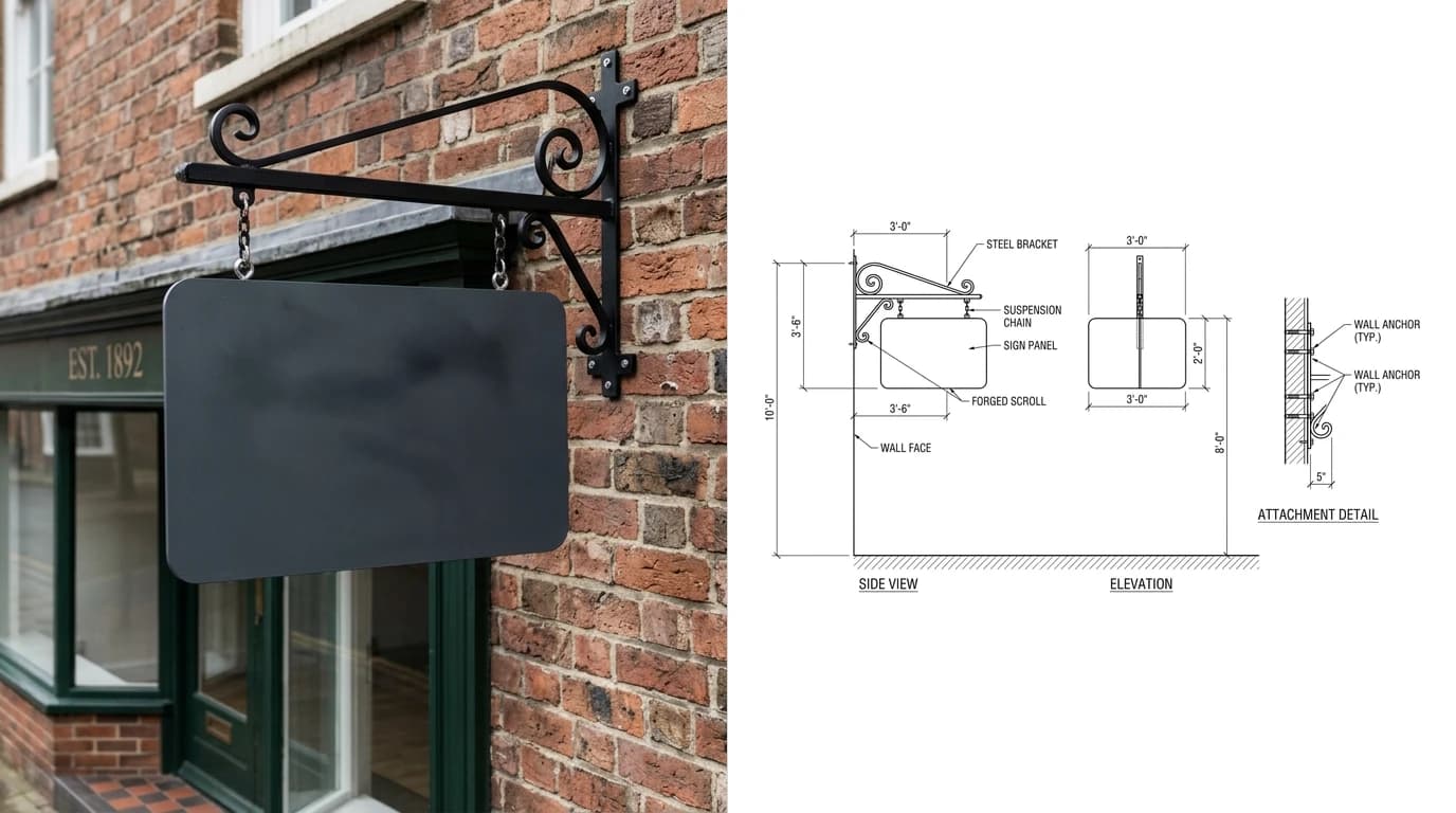 A photo of a projecting blade sign hanging from a decorative steel bracket bolted to a brick wall on the left and its sign shop drawing on the right, showing a side view with the projection from the wall face, a front elevation and an enlarged wall anchor detail